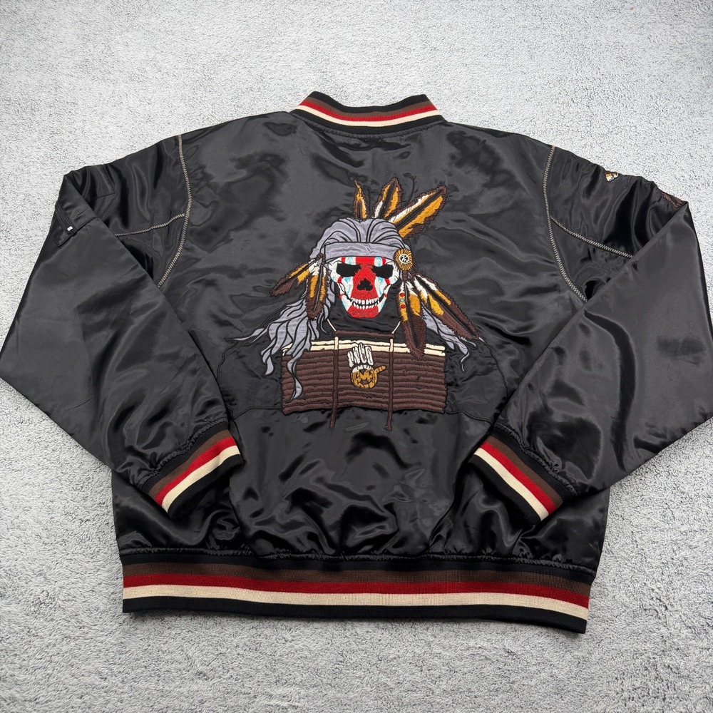 Miskeen Bomber Jacket Mens 3XL Black Satin Native American Skull Embroidered Y2K